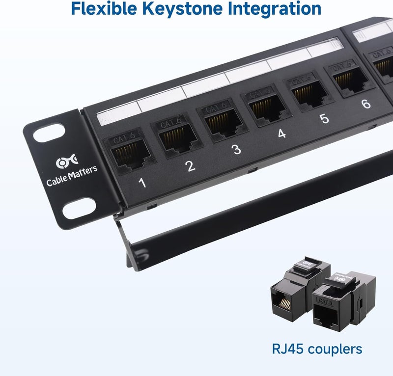 CableMatters لوحة توصيل إيثرنت 1U 19 بوصة 24 منفذ 10Gbps Cat6 مع كاوية متكاملة وشريط إدارة الكابلات، لوحة توصيل شبكة قابلة للتثبيت على الرف أو الحائط - Image 4